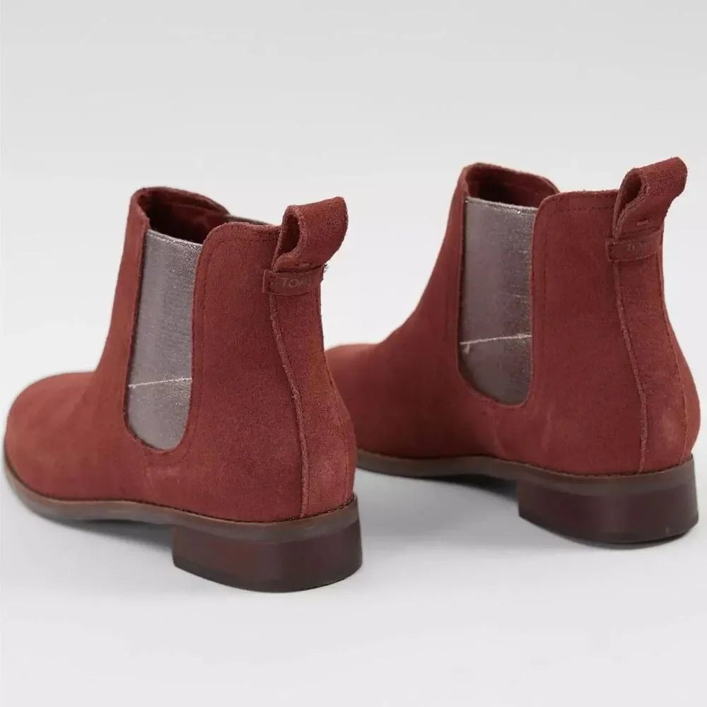 TOMS Ella Suede Ankle Chelsea Boot Hibiscus Burned Red Burgundy US 8 EUC